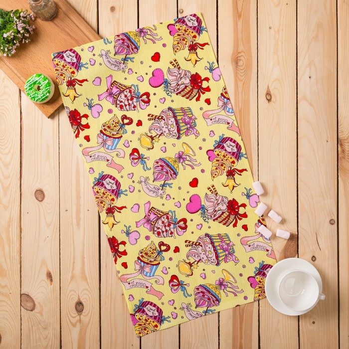 Полотенце вафельное набивное Пирожное 40*75 см желтое 160 гр/м хл.100%