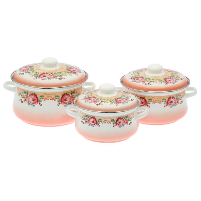 Набор кастрюль "Цветущая роза" 3 шт: 2 л, 3 л, 4 л