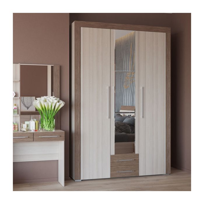 Шкаф распашной 3х дверный с ящиками АЗАЛИЯ Ясень шимо светлый/МДФ-яс.темный