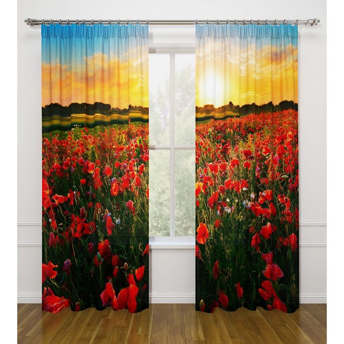 Фотошторы "Ромашки и маки", ширина 145 см, высота 260 см-2 шт., габардин 07374