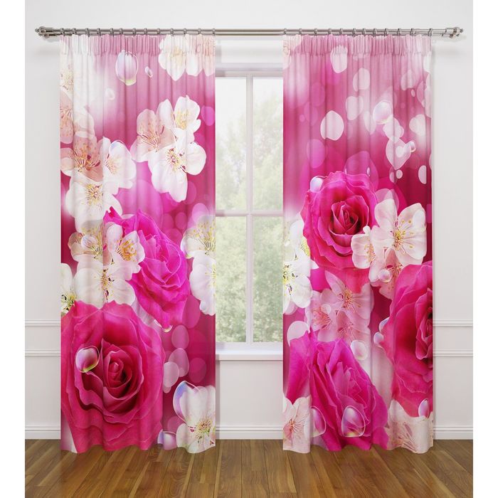 Фотошторы "Роза и вишня", ширина 145 см, высота 260 см-2 шт., габардин 07410
