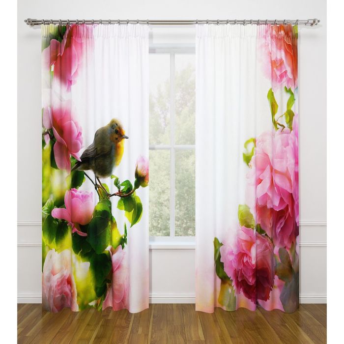 Фотошторы "Птичка в цветах", ширина 145 см, высота 260 см-2 шт., габардин 07454