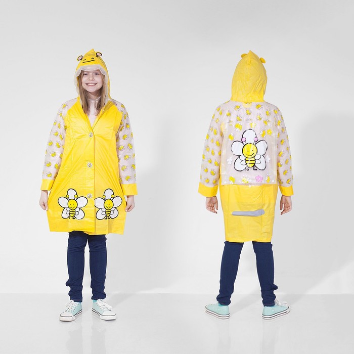Дождевик детский "Пчелки на полянке" на кнопках, надувной козырёк, карман под рюкзак, р-р L, рост 110-120 см