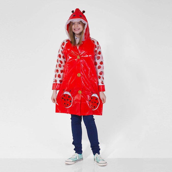 Дождевик детский "Божьи коровки" на кнопках, надувной козырёк, карман под рюкзак, р-р S, рост 90-100 см