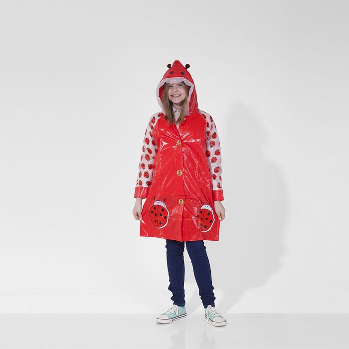 Дождевик детский "Божьи коровки" на кнопках, надувной козырёк, карман под рюкзак, р-р L, рост 110-120 см