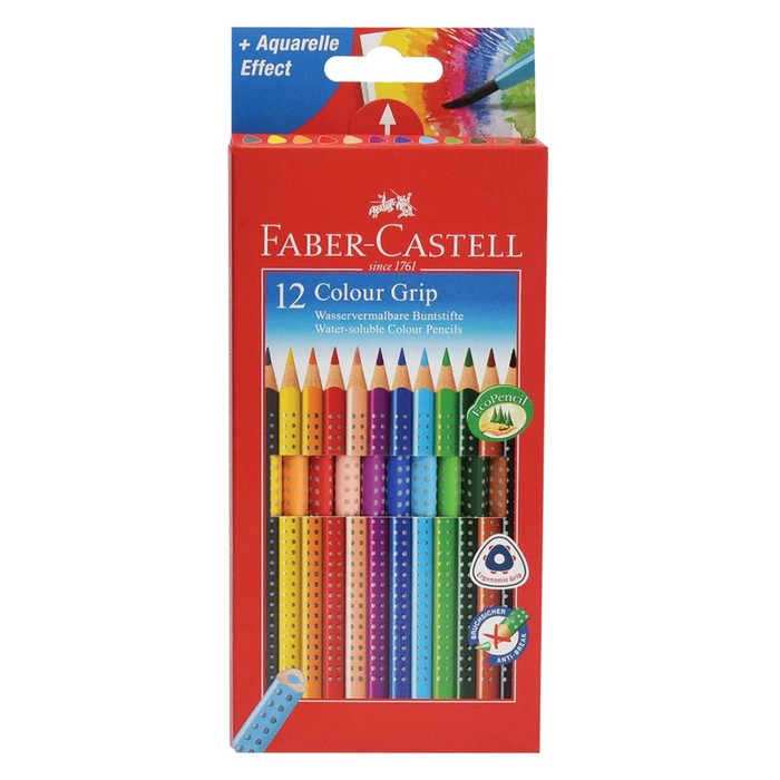 фото Карандаши акварельные 12 цветов faber-castell grip 2001 7/3.3 мм, трёхгранный корпус с массажными шашечками