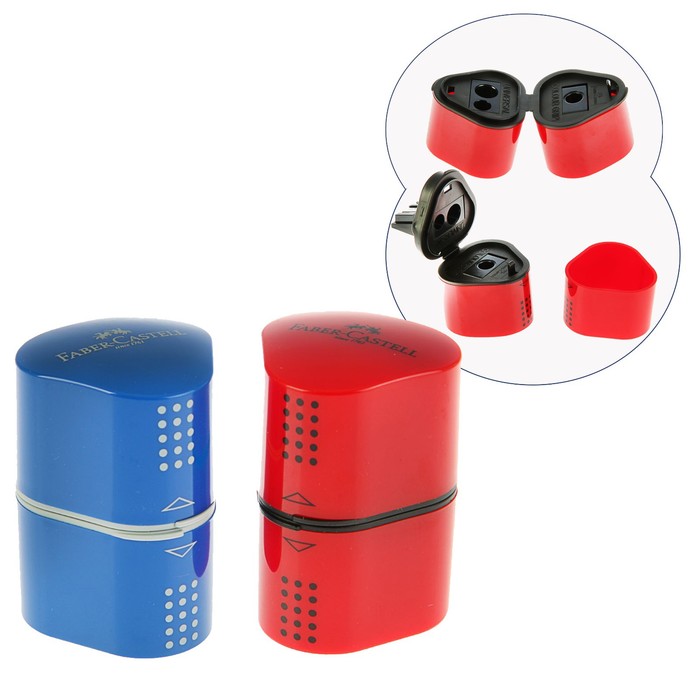 фото Точилка 3 отверстия с контейнером faber-castell trio grip 2001 для стандартных и трёхгранных карандашей, цвет красный/синий