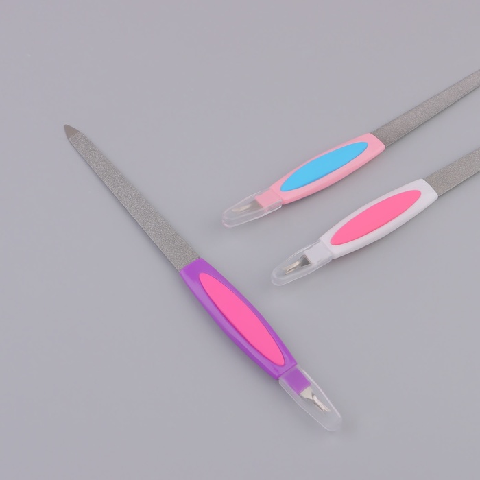 Пилка-триммер металлическая для ногтей, прорезиненная ручка, 19 см, цвет МИКС