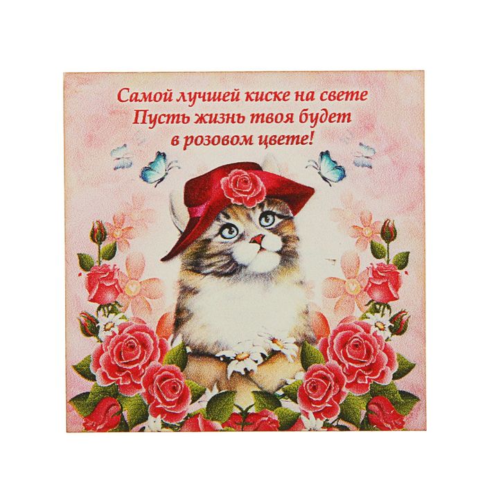 Магнит "Кошка: Самой лучшей киске на свете Пусть жизнь твоя будет в розовом цвете!"