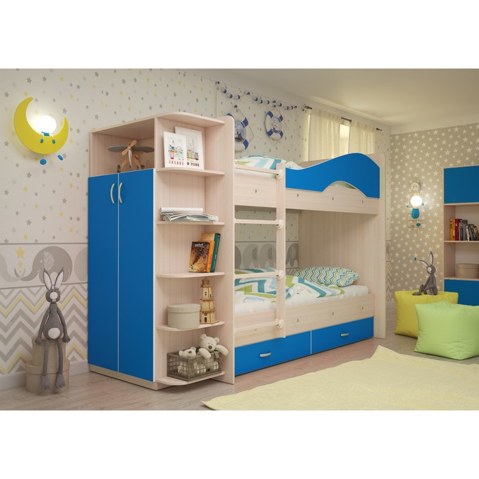 Кровать 2-х ярусная 800х1900 с ящиками и шкафом, млечный дуб/синий