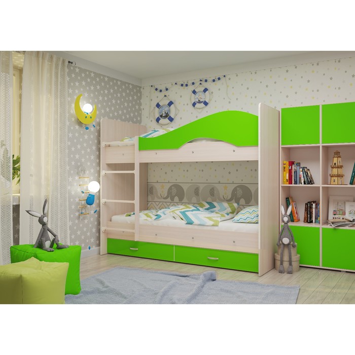 Кровать 2-х ярусная 800х1900 с ящиками, млечный дуб/лайм