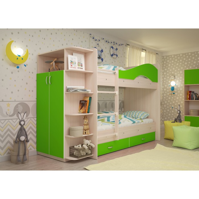 Кровать 2-х ярусная 800х1900 с ящиками и шкафом, млечный дуб/лайм