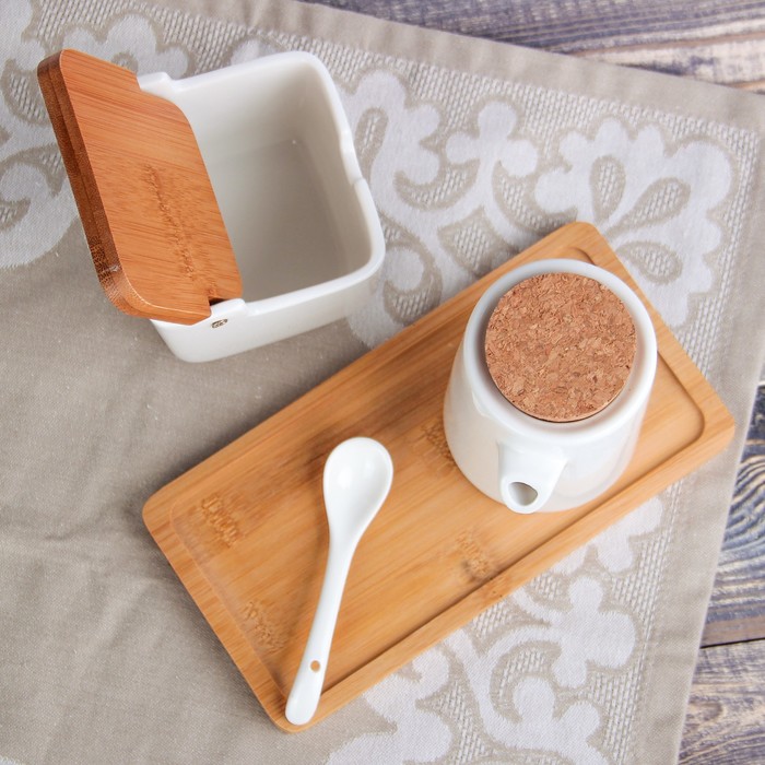 Набор для специй на деревянной подставке, 2 предмета: соусник 300 мл 7,5х8,5х11,5 см, сахарница 300 мл 9,5х9 см