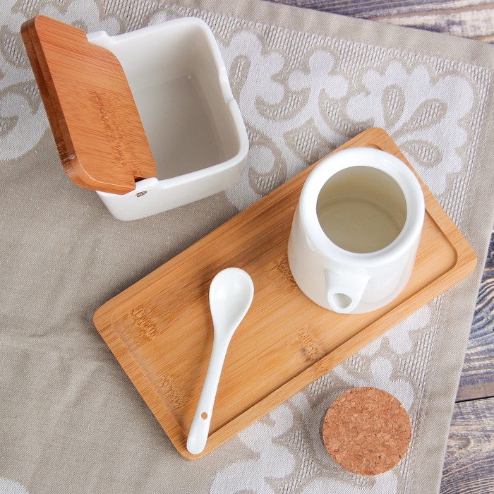 Набор для специй на деревянной подставке, 2 предмета: соусник 300 мл 7,5х8,5х11,5 см, сахарница 300 мл 9,5х9 см