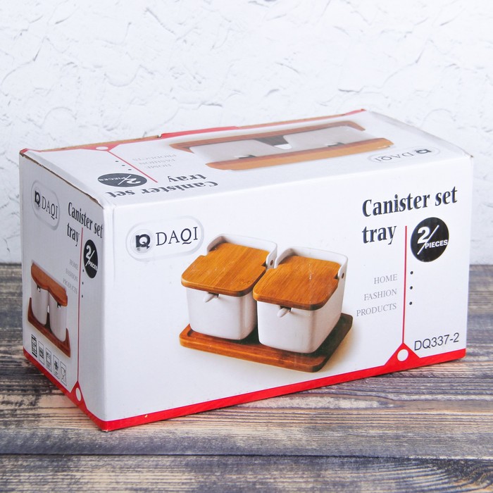 Набор для специй на деревянной подставке, 2 предмета: соусник 300 мл 7,5х8,5х11,5 см, сахарница 300 мл 9,5х9 см