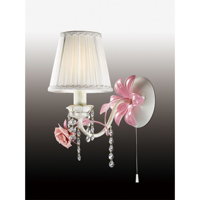 Бра "Пальмира" 1 лампа (E14 60W 220V) бел/абажур ткань/хрусталь/керам.розов.розы