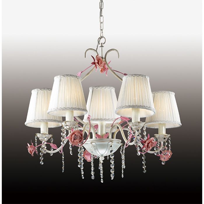 Люстра "Пальмира" 6 ламп (E14 60W 220V) бел/абажур ткань/хрусталь/керам.розов.розы