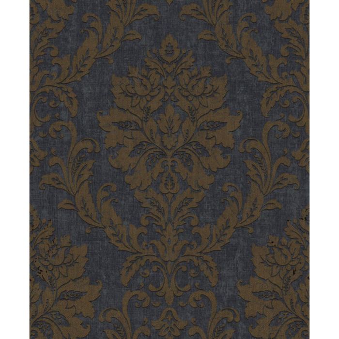Обои флизелиновые IDECO 3104 VB,Villa Borghese, дамаск крупный бронзовый на синем, 1,06х10 м 20266