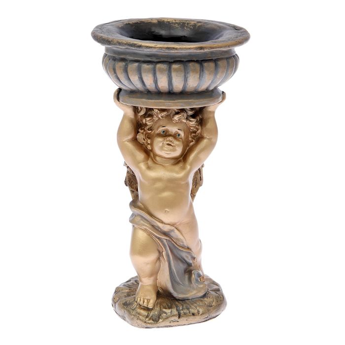 Фигурное кашпо "Ангел с чашей на голове", бронза-серебро 40см