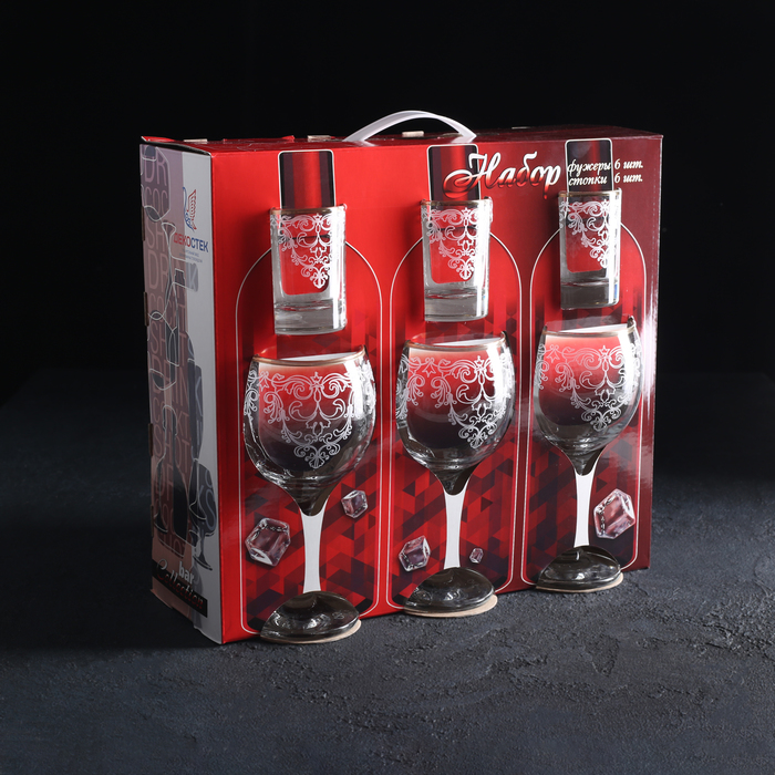 Набор подарочный 12 предметов "Византия": 6 фужеров 260 мл, 6 стопок 50 мл, гравировка, отводка золотом