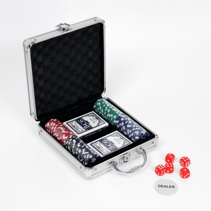 Покер в металлическом кейсе (2 колоды, фишки 100 шт с номиналом, 5 кубиков), 20 х 20 см покер в металлическом кейсе 2 колоды фишки 100 шт с номиналом 5 кубиков 20 х 20 см