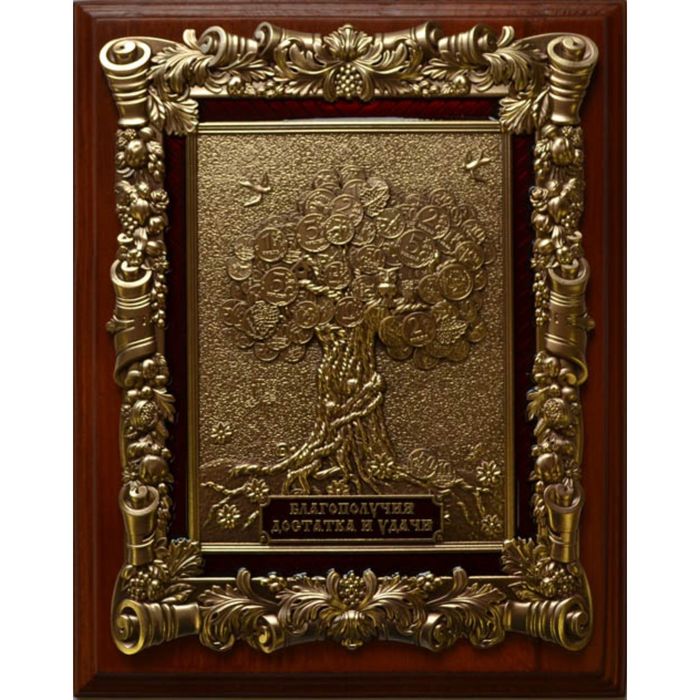 Деревянное панно "Денежное дерево" гальванопластика