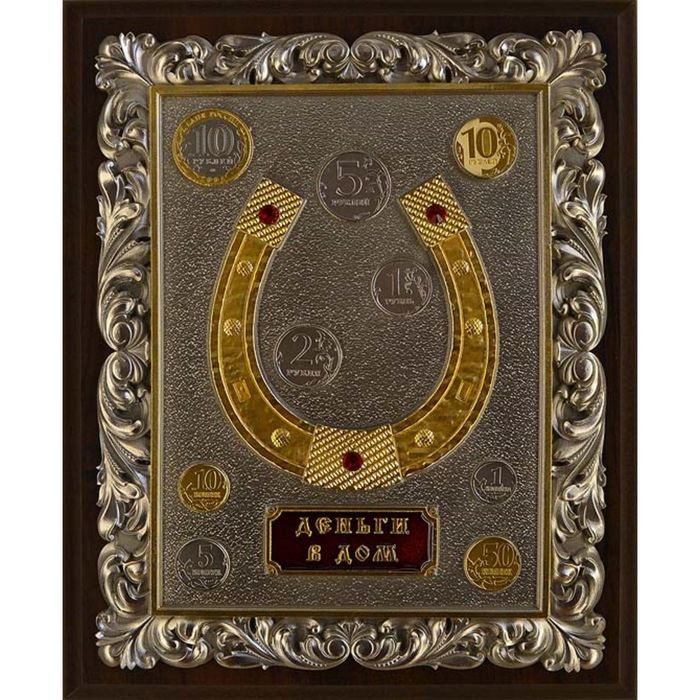 Настенное панно "Подкова" гальванопластика, с золочением на деревянной подложке