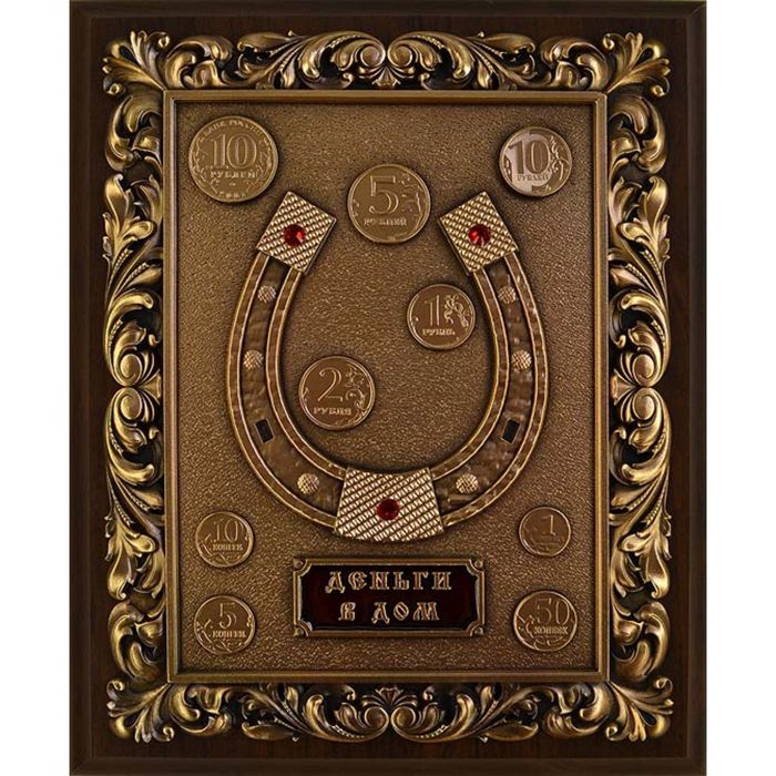 Панно из металла на деревянной подложке "Подкова" гальванопластика