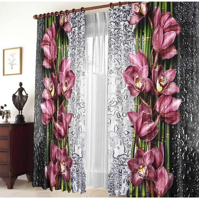 Комплект штор-блэкаут 21142 "Орхидея на стекле", ш 150 х в 270 см - 2 шт, разноцветный
