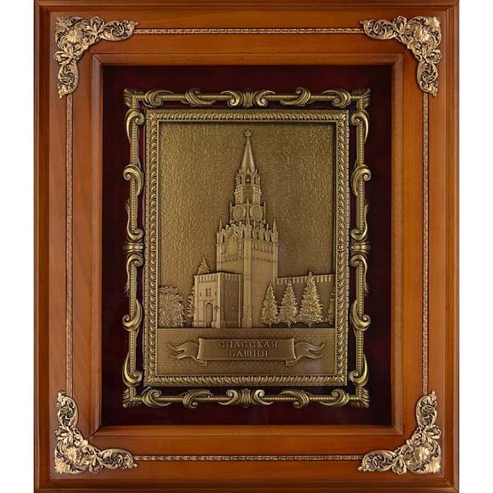 Панно из металла в деревянной раме "Спасская башня" гальванопластика