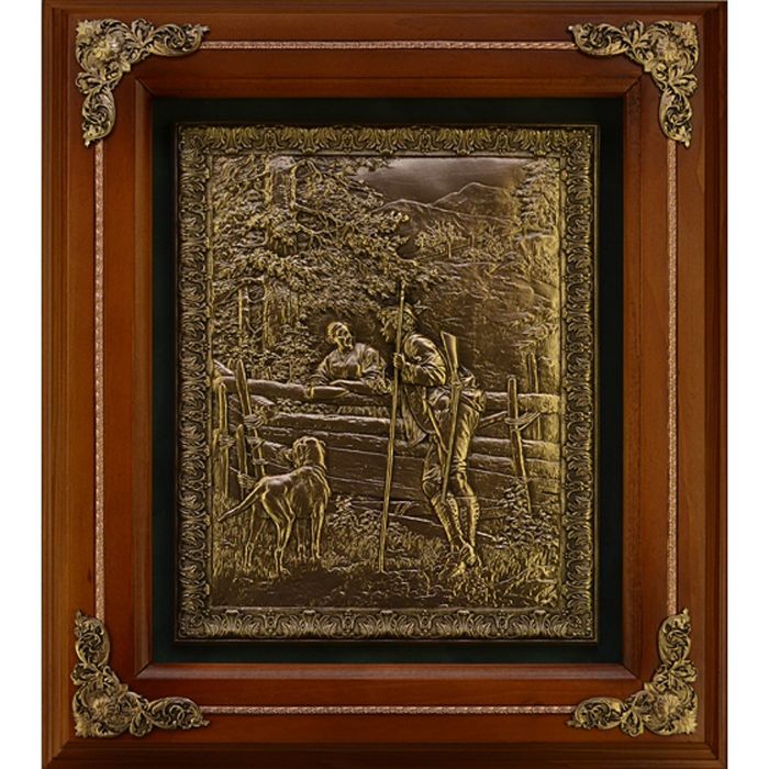 Панно из металла "Охотник с собакой" гальванопластика