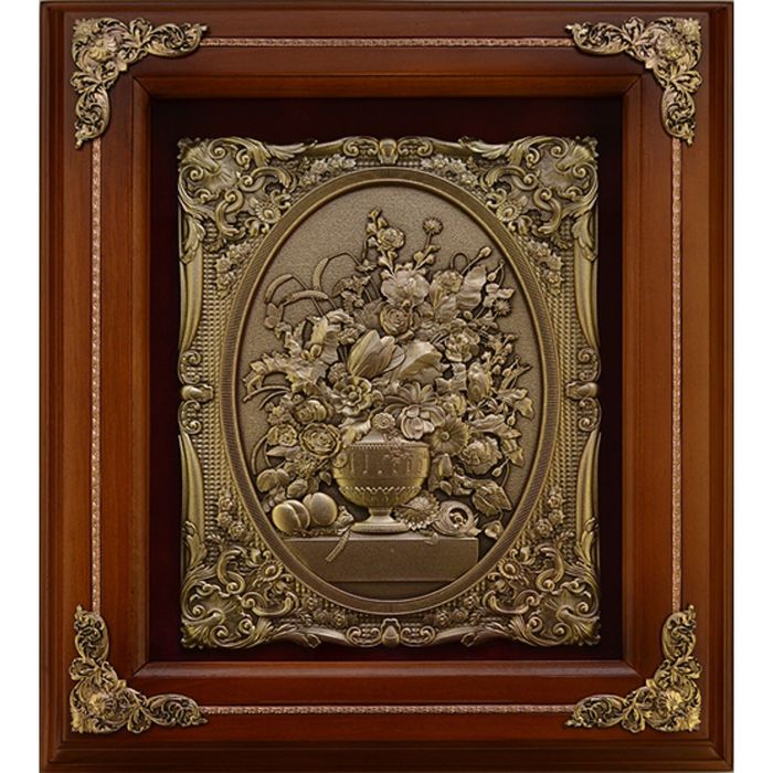 Деревянное панно "Цветы в вазе" гальванопластика