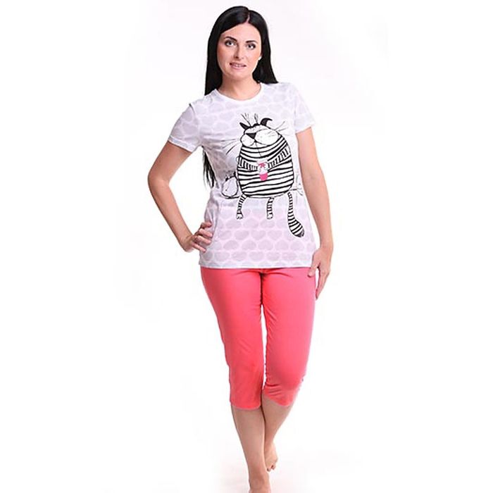 Пижама женская (футболка, бриджи), цвет розовый, 170-176 см, принт Коты, размер 42