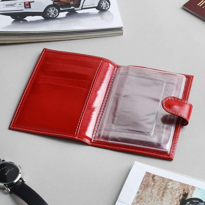 Обложка для автодокументов, 5 карманов для карт, анилин красный