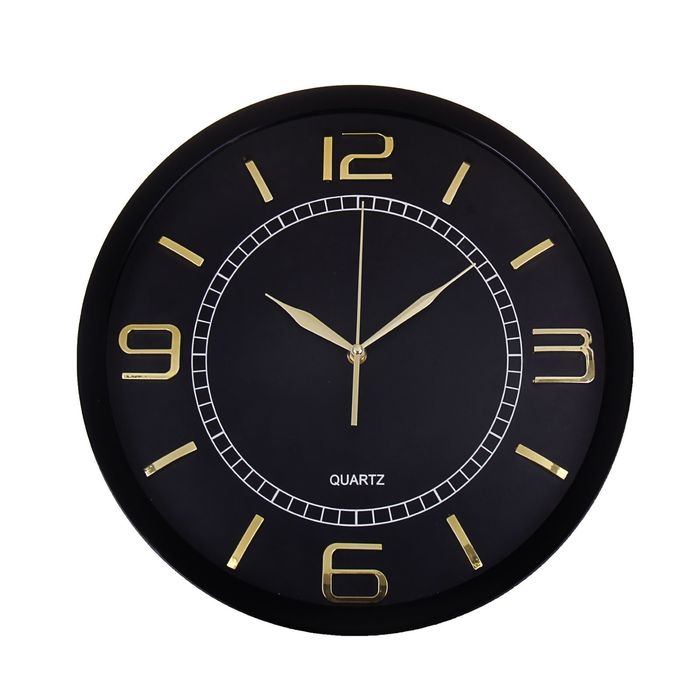 Часы настенные круг,рама черная тонкая,циферблат черный, цифры 3,6,9,12-золото d=40см УЦЕНКА