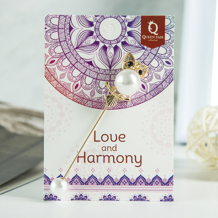 Булавка "Сова с бусинкой", 8см, цвет белый в золоте