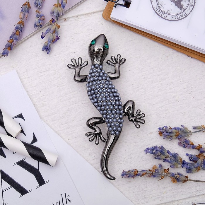 Брошь "Ящерица", цвет серый в сером металле