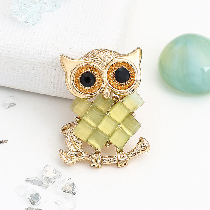 Брошь "Сова" мозаика, цвет зеленый в золоте