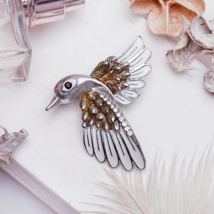 Брошь "Птичка" ястреб, цвет бело-коричневый в серебре