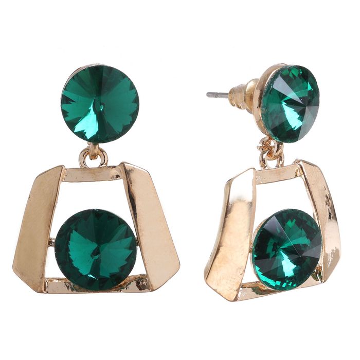Серьги со стразами "Круги" дуэт в обрамлении, цвет изумрудный в золоте