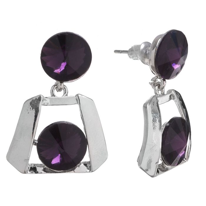 Серьги со стразами "Круги" дуэт в обрамлении, цвет фиолетовый в серебре