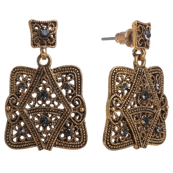 Серьги со стразами "Прямоугольник" ажур, цвет серый в чернёном золоте