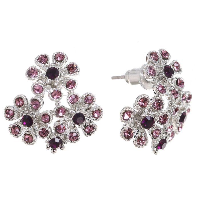 Серьги со стразами "Цветочная фантазия", цвет розово-фиолетовый в серебре
