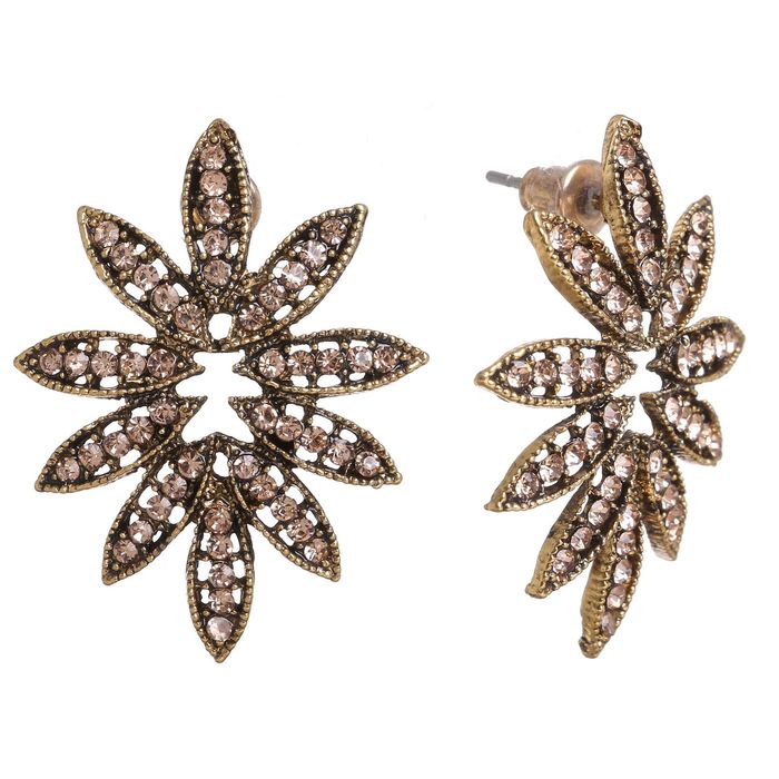 Серьги со стразами "Цветы" распустившиеся, цвет золотой в чернёном золоте