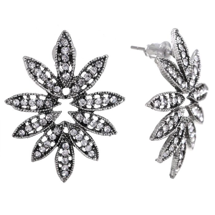 Серьги со стразами "Цветы" распустившиеся, цвет белый в чернёном серебре