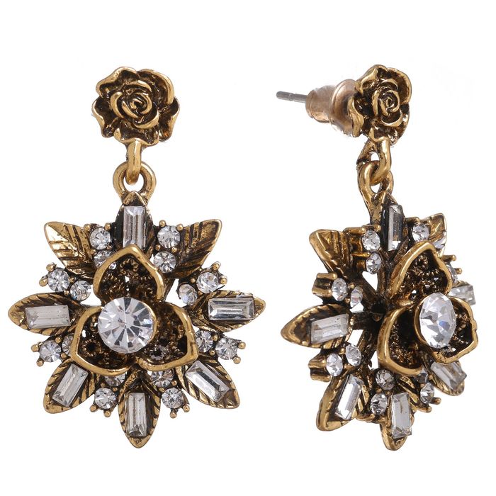 Серьги со стразами "Цветок" герцогиня, цвет белый в чернёном золоте