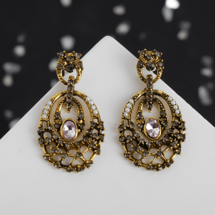 Серьги со стразами "Овал" кружево, цвет серо-сиреневый в чернёном золоте