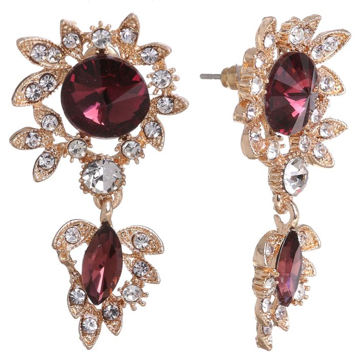 Серьги со стразами "Цветение" листок, цвет бело-сливовый в золоте