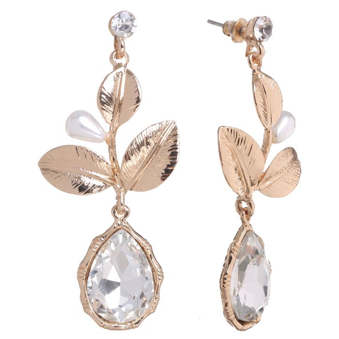 Серьги висячие со стразами "Листочки" капля, цвет белый в матовом золоте