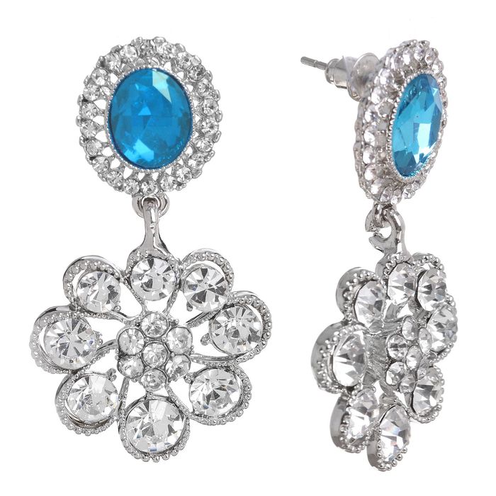 Серьги со стразами "Цветок" с овалом, цвет бело-голубой в серебре